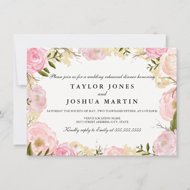 Elegant Pink Rose Wedding Rehearsal Dinner Invite (Front)