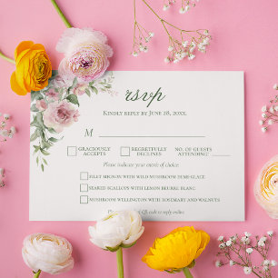 Elegant Pink Rose Wedding RSVP Card   Menu Choice