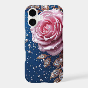 Elegant Pink Rose with Pearls and Crystals