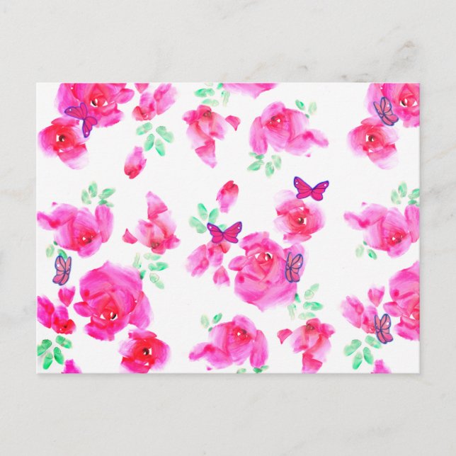 Elegant Pink Roses and Butterflies Postcard (Front)