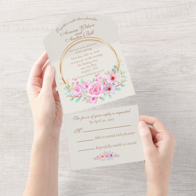 Elegant Pink Roses and Gold Geometric Circle  All In One Invitation (Tearaway)