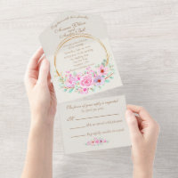 Elegant Pink Roses and Gold Geometric Circle 