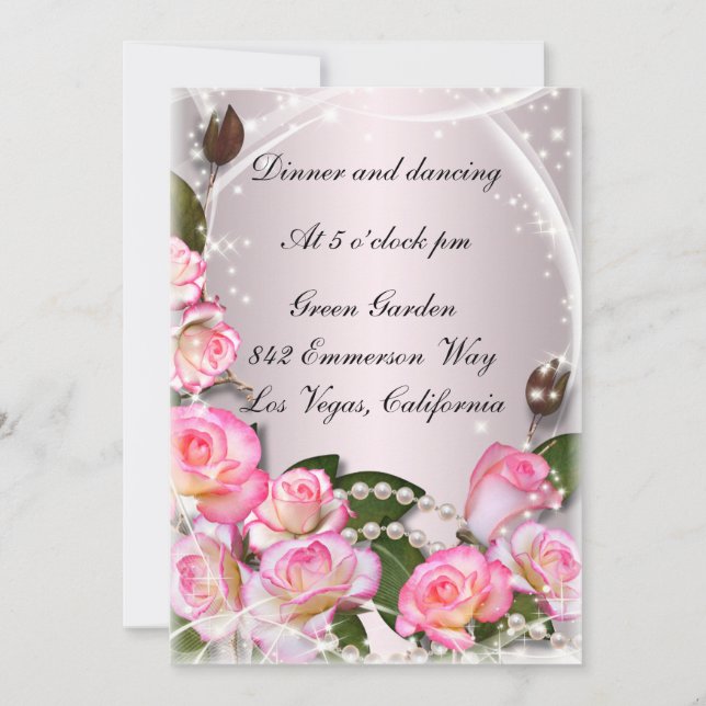 Elegant Pink Roses And Pearls Reception Card (Front)