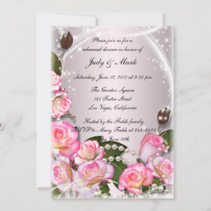 Elegant Pink Roses And Pearls Rehearsal Dinner Invitation