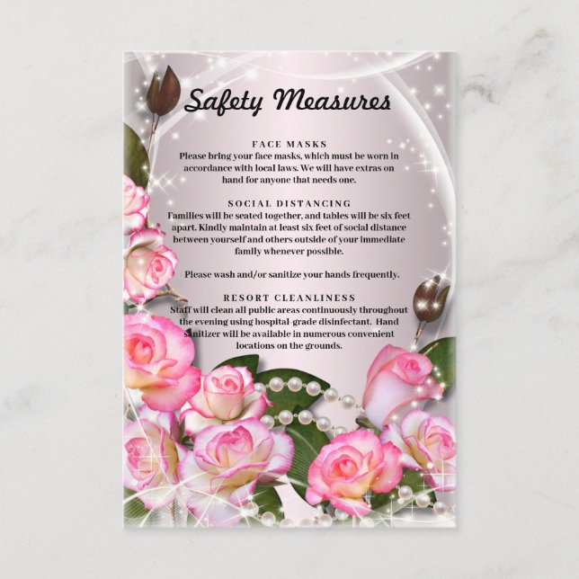 Elegant Pink Roses And Pearls Safety Measures Enclosure Card (Front)