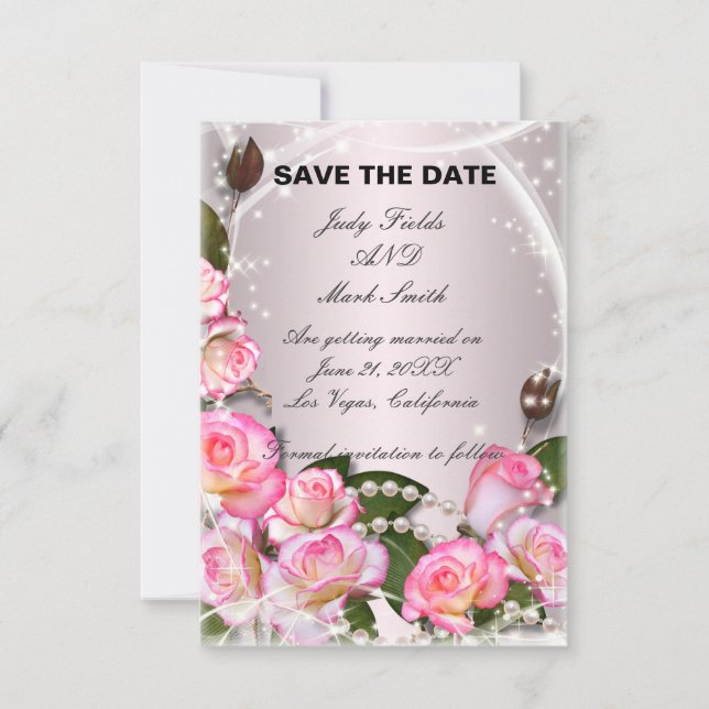 Elegant Pink Roses And Pearls Save The Date Card (Front)