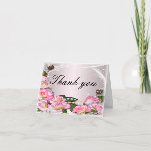 Elegant Pink Roses And Pearls Thank You Card