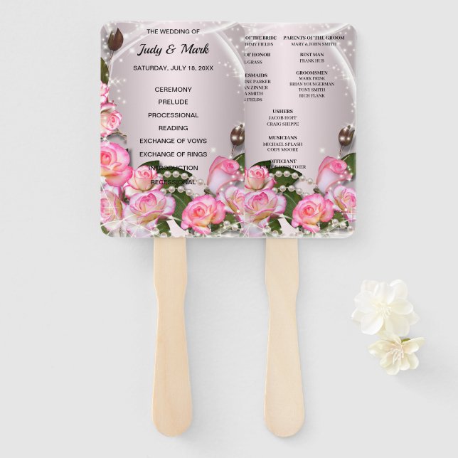 Elegant Pink Roses And Pearls Wedding Program Hand Fan (Front and Back)