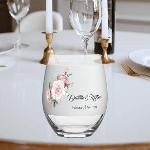 Elegant Pink Roses and Silver Wedding  Stemless Wine Glass