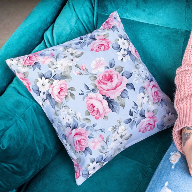Elegant pink roses and white flowers pattern cushion (Creator Uploaded)