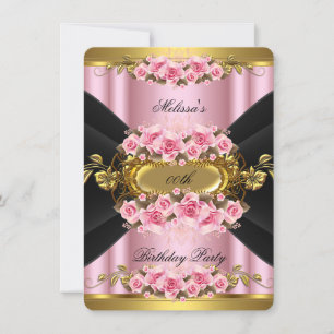 Elegant Pink Roses Black Gold Birthday Party Invitation