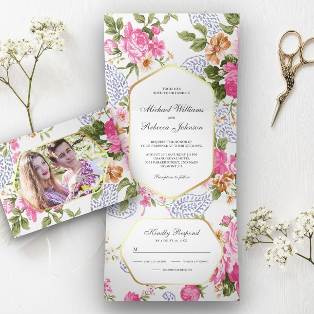 Elegant Pink Roses Botanical Garden 3 in 1 Wedding Tri-Fold Invitation (Creator Uploaded)