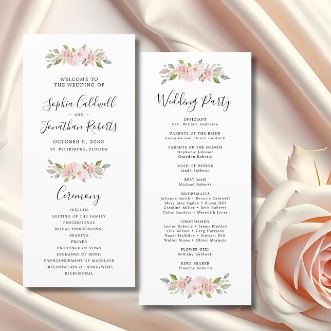 Elegant Pink Roses Calligraphy Wedding Programme (Elegant Pink Roses Custom Wedding Program)