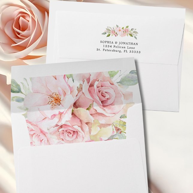 Elegant Pink Roses Custom Wedding Envelope (Elegant Pink Roses Custom Wedding Invitation Envelope Front and Back Flap)