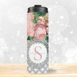 Elegant Pink Roses Diamonds Monogram Thermal Tumbler