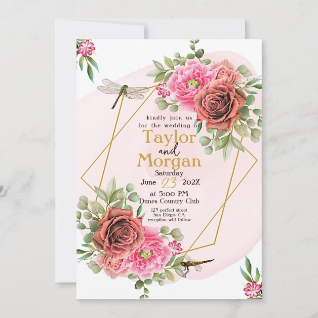 Elegant Pink Roses & Dragonflies Wedding Invitation (Front)