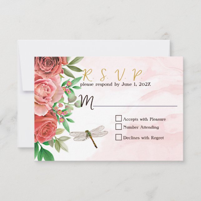 Elegant Pink Roses & Dragonflies Wedding RSVP Card (Front)