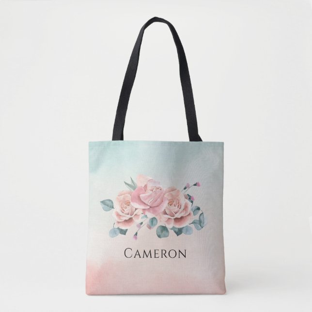 Elegant Pink Roses Eucalypts Watercolor Floral Tote Bag (Front)