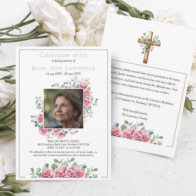 Elegant Pink Roses Eucalyptus Green Photo Funeral Invitation (Creator Uploaded)