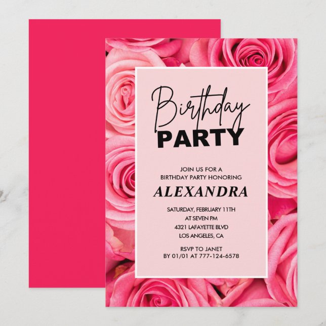 Elegant Pink Roses Floral 62nd birthday Invitation (Front/Back)