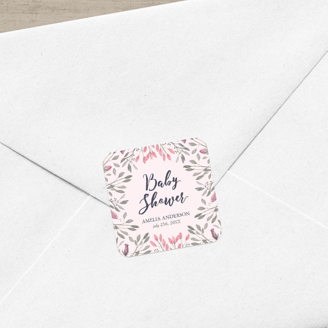 Elegant Pink Roses Floral Baby Shower Square Sticker (Creator Uploaded)