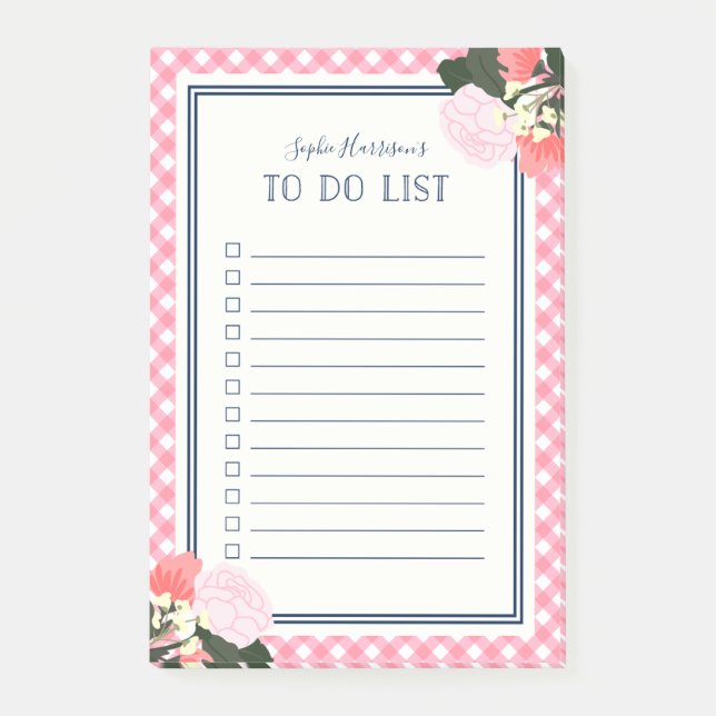 Elegant Pink Roses Floral Gingham To Do List Post-it Notes (Front)