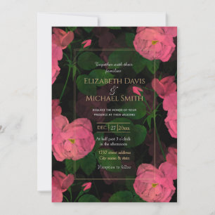 Elegant Pink Roses Floral Painting Black Design Invitation