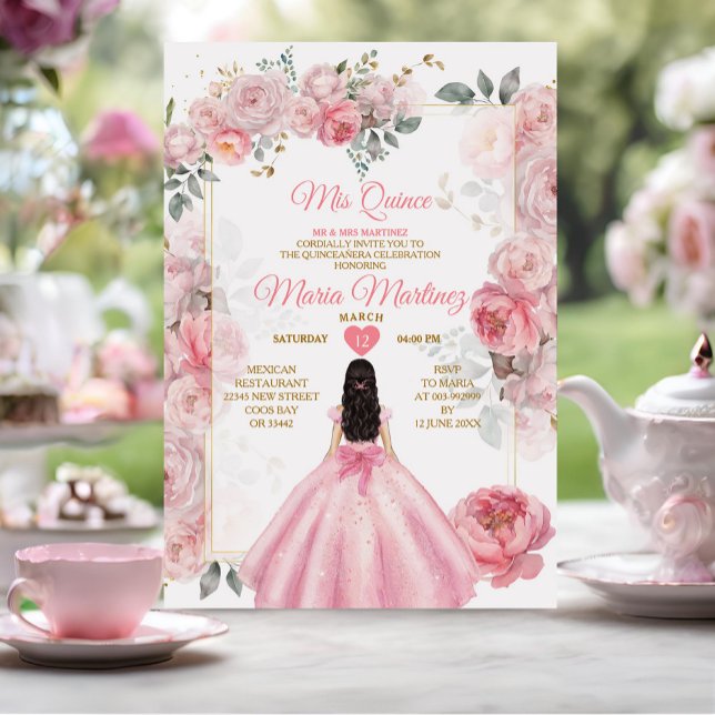 Elegant Pink Roses Floral Princess Quiñceanera Invitation (Creator Uploaded)