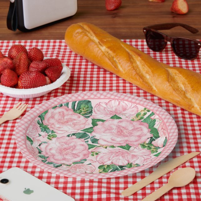 Elegant Pink Roses Floral Summer Party Paper Plate (Picnic)