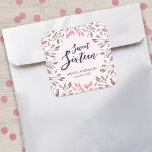 Elegant Pink Roses Floral Sweet 16 Birthday Square Sticker<br><div class="desc">This elegant 16th birthday square sticker features a border of pink roses, pink leaves and grey leaves with the words "Sweet Sixteen" against a light pink background. Check out the matching Sweet 16 invitation and other matching items here https://www.zazzle.com/collections/elegant_pink_roses_floral_celebration-119231388249038612?rf=238364477188679314 Personalise it with your details by replacing the placeholder text. For...</div>