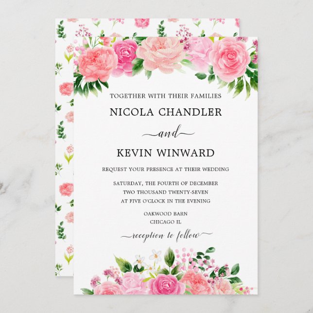 Elegant Pink Roses Floral Wedding Invitation (Front/Back)
