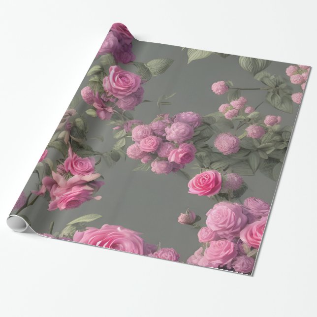 Elegant Pink Roses Floral Wrapping Paper (Unrolled)