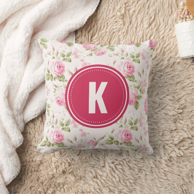 Elegant Pink Roses Flowers Pattern Monogram Cushion (Blanket)