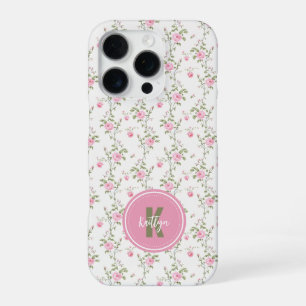 Elegant Pink Roses Flowers Pattern Monogram iPhone 16 Pro Case