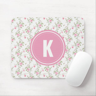 Elegant Pink Roses Flowers Pattern Monogram Mouse Pad