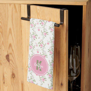 Elegant Pink Roses Flowers Pattern Monogram Tea Towel
