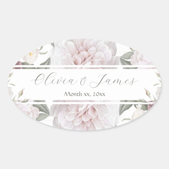 Elegant Pink Roses Garden Wedding Oval Sticker (Front)