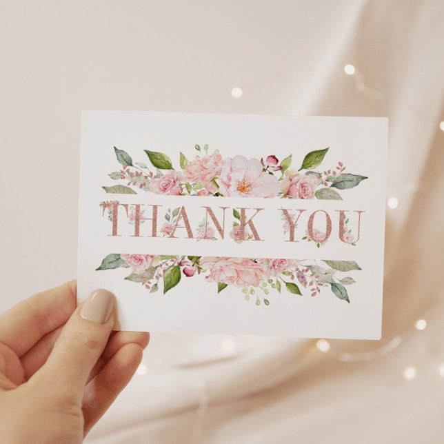 Elegant Pink Roses & Glitter "Thank You" Card (Creator Uploaded)