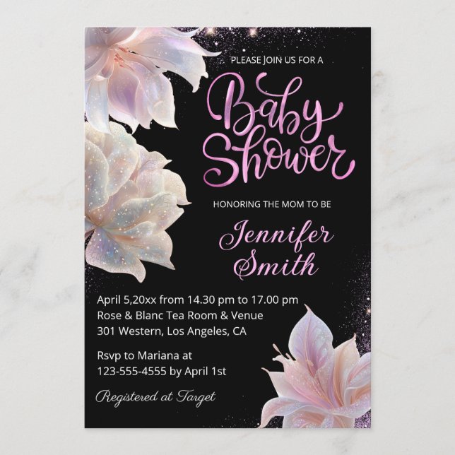 elegant pink roses glitters girl baby shower black invitation (Front)
