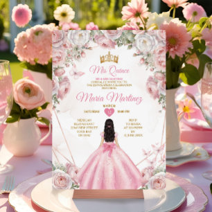 Elegant Pink Roses Gold Crown Butterfly Mis Quince Invitation