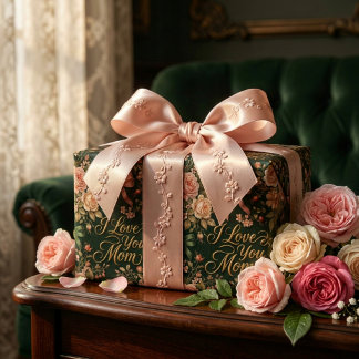 Elegant Pink Roses & Gold I Love You Mum Wrapping Paper