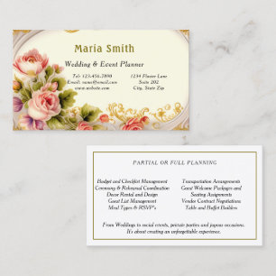 Elegant Pink Roses Gold Wedding Event Planner Business Card