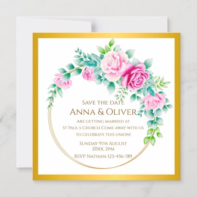 Elegant  Pink Roses Gold Wreath Save the Date Magnetic Invitation (Front)