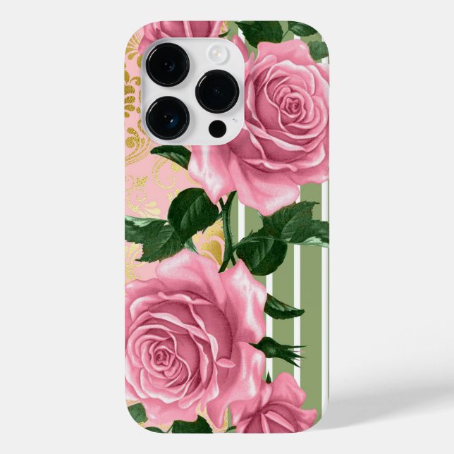 Elegant Pink Roses & Green Leaves Case-Mate iPhone Case (Back)