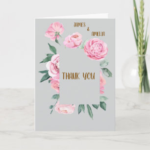 Elegant Pink Roses & Grey Floral Wedding Card