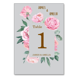 Elegant Pink Roses & Grey Floral Wedding Table Number