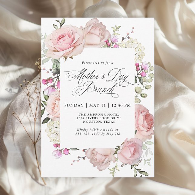 Elegant Pink Roses Mother's Day Brunch Invitation (Available in both printed and instant download digital formats.)