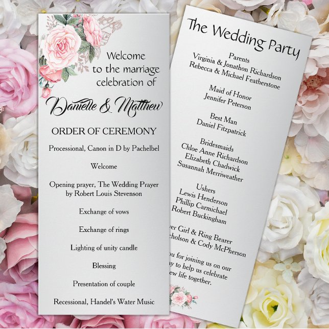 Elegant Pink Roses on Silver Wedding Program Programme (Creator Uploaded)