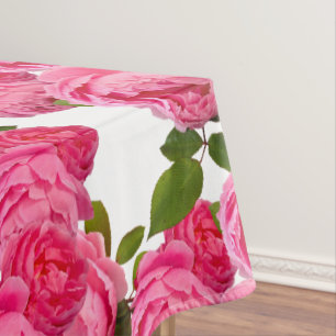 Elegant Pink Roses on White Floral Tablecloth
