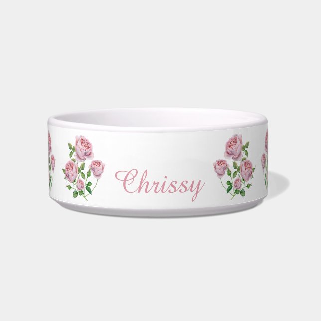Elegant Pink Roses Personalised Pet Bowl (Front)